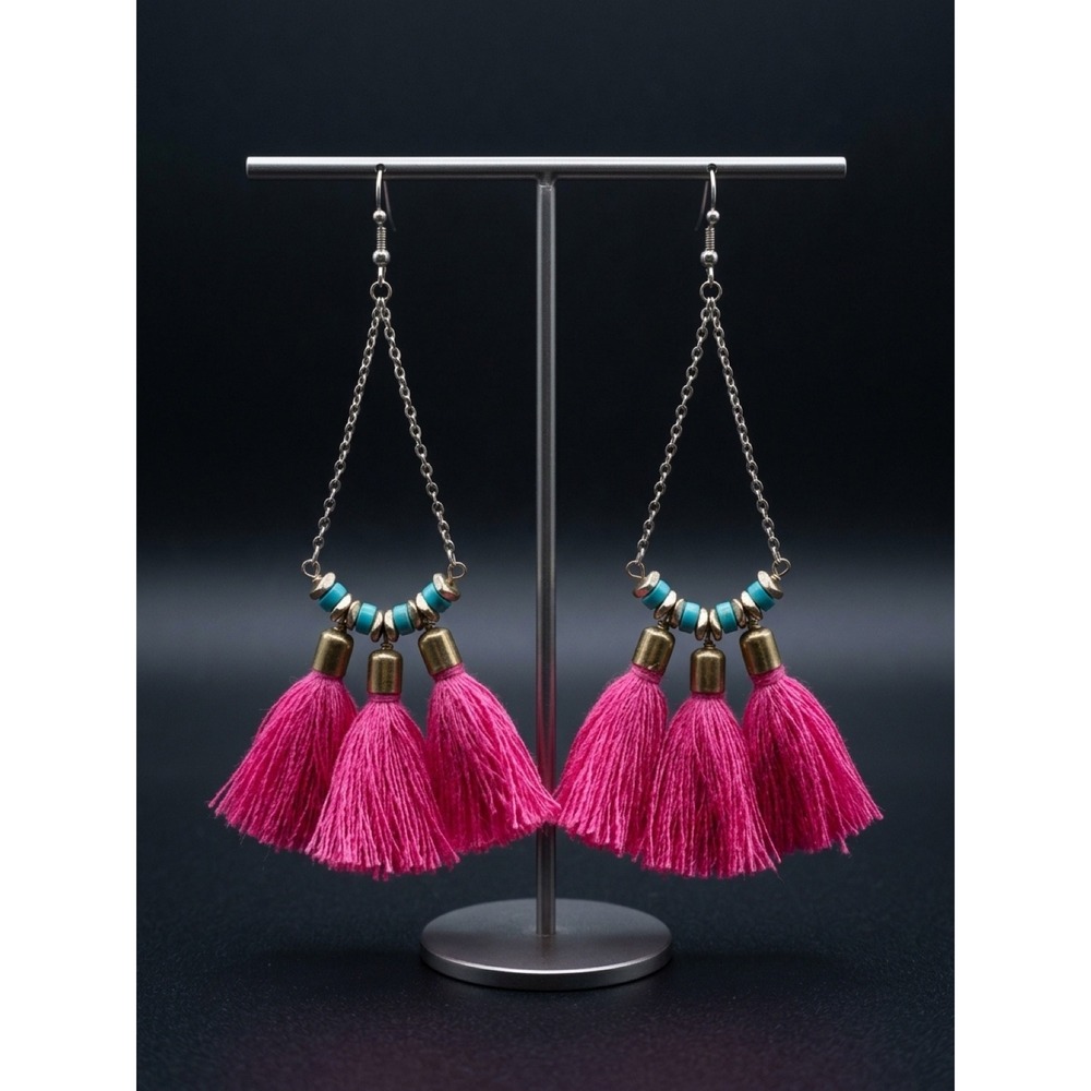 Western Boho Hot Pink Tassel Turquoise Beaded Statement Earrings